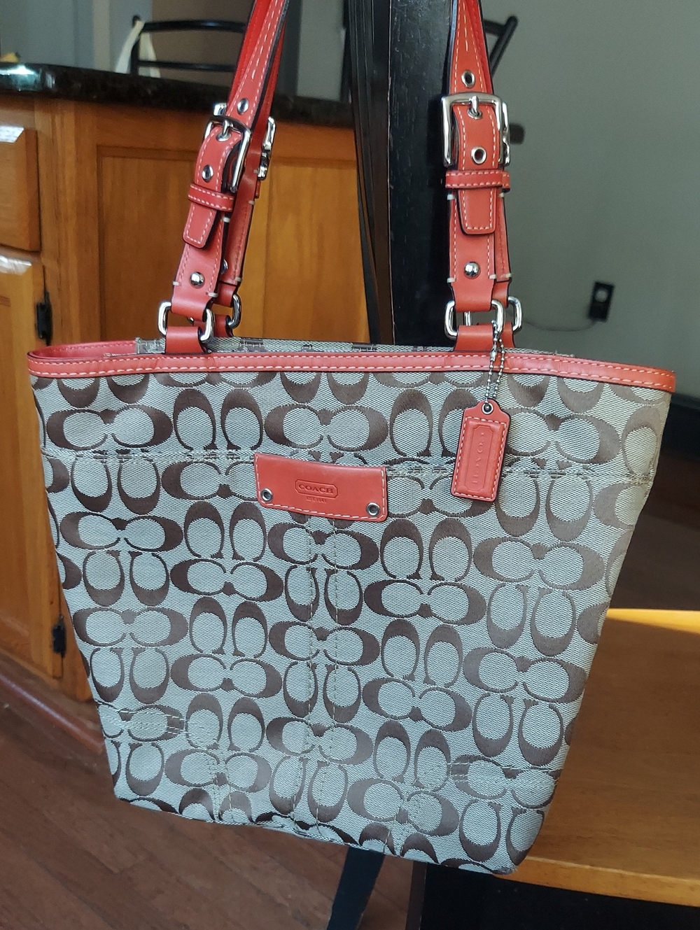 Coach Signature Jacquard Tote with Coral Leather Trim